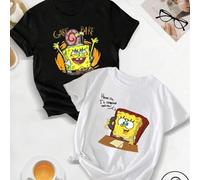 Shein Camiseta negra + camiseta blanca de Bob Esponja CP, ¡un adorable doble de la infancia CP y abierto al público! Combinación de Bob Esponja +, 100 % alg