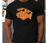 Shein Camiseta negra con diseño de coche "A Du ke Rarely Comes Alone". Estampado moderno, 220 g/m², para hombre, informal, cuello redondo, puro algodón, man