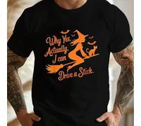 Shein Camiseta negra con estampado de brujas y el texto "Yes, Actually I can drive a manual shift". Camiseta de cuello redondo para hombre, 220 g/m², para v