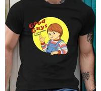 Shein Camiseta negra con estampado de dibujos animados "Good Guys" para hombre, cuello redondo, 220 g/m², algodón puro, manga corta de verano (1 unidad)