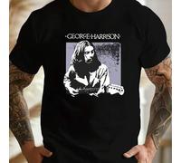 Shein Camiseta negra con estampado de George Harrison. Camiseta estampada de moda, 220 g/m², informal, para hombre, cuello redondo, algodón puro, manga cort