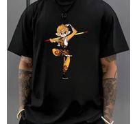 Shein Camiseta negra con estampado de Monkey King, camiseta de cuello redondo para hombre, 220 g/m², para verano, fabricada en puro algodón, manga corta (1