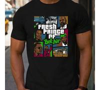 Shein Camiseta negra con estampado "El Príncipe de Bel-Air". Estampado moderno, 220 g/m², para hombre, informal, cuello redondo, puro algodón, manga corta (