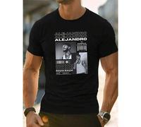 Shein Camiseta negra con estampado gráfico de Alejandro Rauw, moda primavera, algodón suave, estampado artístico, casual, transpirable