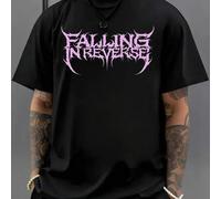Shein Camiseta negra con la inscripción "Falling In Reverse", cuello redondo para hombre, 220 g/m², para verano, de puro algodón, manga corta (1 unidad)