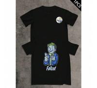Shein Camiseta negra de Fallout Vault Boy Camiseta de algodón puro de 220 g/m2 con cuello redondo, informal, moderna y con estampado de doble cara para homb
