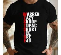 Shein Camiseta negra de hombre con estampado del nombre del artista de rap, cuello redondo, 220 g/m², para verano, de puro algodón, manga corta (1 pieza)