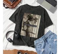 Shein Camiseta negra de manga corta, cuello redondo, de uso diario y casual, con estampado de cabeza de Medusa y Perseo, para mujer, de talla grande y lavad