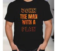 Shein Camiseta negra de manga corta para hombre con el lema "JOHN THE MAN WITH A PLAN", cuello redondo, 220 g/m², para verano, de puro algodón, manga corta