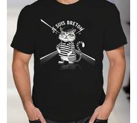 Shein Camiseta negra de manga corta para hombre con estampado de gato y la inscripción "JE SUIS BRETON", cuello redondo, 220 g/m², para verano, de puro algo