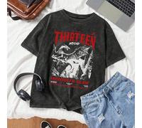 Shein Camiseta negra de manga corta y cuello redondo con estampado gráfico de Trono de Cristal para mujer de talla grande, uso diario y casual, Camiseta de