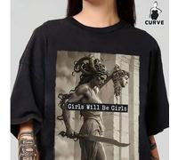 Shein Camiseta negra de manga corta y cuello redondo de estilo casual y sencillo con estampado de la cabeza de Medusa y Perseo para mujer talla grande, Cami