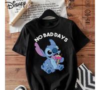 Shein Camiseta negra de marca compartida de Disney Stitch, tejidos de algodón cómodos Stitch sosteniendo un helado lindo y dinámico: NO BAD DAYS "para trans