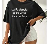Shein Camiseta negra de talla grande súper genial con el eslogan en español 'La paciencia es una virtud que nunca tuve' impreso, top de algodón, uno persona