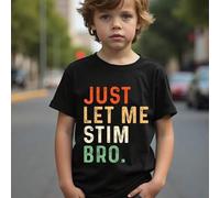 Shein Camiseta negra informal de manga corta y cuello redondo con estampado "Just Let Me Stim Bro" para niño joven