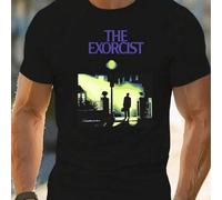 Shein Camiseta negra para hombre con estampado de El Exorcista. Camiseta estampada de moda, 220 g/m², para hombre, informal, cuello redondo, algodón puro, m