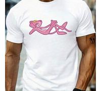 Shein Camiseta negra para hombre con estampado de la Pantera Rosa. Estampado moderno, 220 g/m², cuello redondo informal, algodón puro, manga corta (1 unidad