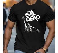 Shein Camiseta negra para hombre con estampado de The Evil Dead. Estampado moderno, 220 g/m², cuello redondo informal, algodón puro, manga corta (1 unidad)