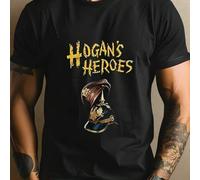 Shein Camiseta negra para hombre con estampado del motivo HOGAN'S HEROES, cuello redondo, 220 g/m², para verano, de puro algodón, manga corta (1 pieza)