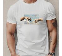 Shein Camiseta negra para hombre con estampado "La Creación de Adán". Camiseta informal de algodón puro de 220 g/m², cuello redondo y manga corta (1 unidad)