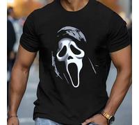 Shein Camiseta negra para hombre con máscara de miedo y estampado moderno, 220 g/m², informal, cuello redondo, algodón puro, manga corta (1 unidad)