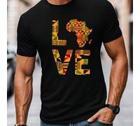 Shein Camiseta negra para hombre con motivo Africa Love. Camiseta estampada de moda, 220 g/m², para hombre, informal, cuello redondo, algodón puro, manga co