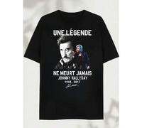 Shein Camiseta negra para hombres en homenaje a Johnny Hallyday - Camiseta estampada hecha de algodón puro, es suave y transpirable, adecuada para hombres y