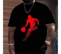 Shein Camiseta negra para hombres grandes y altos con estampado de silueta de jugador de baloncesto con llamas rojas, estilo deportivo callejero de manga co