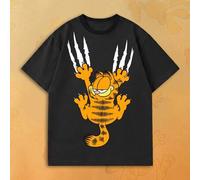 Shein Camiseta negra para mujer, gráfico de gato de dibujos animados con marca de garra, manga corta holgada para uso diario, calle, viajes, citas, atuendo