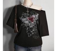 Shein Camiseta negra suelta con hombro asimétrico, estampado de alas de corazón con cristales, estilo retro casual de la generación del milenio, sexy, punk,