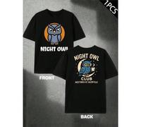 Shein Camiseta Night Owl Club para hombre con estampado a doble cara, moderna, informal, cuello redondo, 220 g/m², algodón puro (1 unidad)