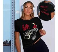 Shein Camiseta nueva inspirada en Korn "Follow The Leader" con gráfico de la casa, top casual de estilo callejero para bandas de rock, adecuado para uso dia