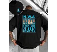 Shein Camiseta NWA Straight Outta Compton Otoño, 100% Algodón, Corte holgado, Transpirable, Estilo urbano hip-hop, Estampado artístico, Estampado a doble ca
