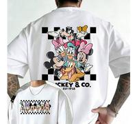 Shein Camiseta oficial de Disney con licencia de la familia Mickey, camiseta para hombre con diseño de tablero de ajedrez de Mickey y Donald de Disney, cami