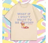 Shein Camiseta oversized Cream Friends, estampado gráfico de tacón alto rojo con eslogan "What If I Don't Want To Be A Shoe", manga corta, casual, holgada,