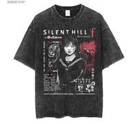 Shein Camiseta Oversized Silent Hill, Camiseta de Algodón 100% Lavado Vintage para Hombres y Mujeres, Ropa Estilo Hip-Hop Casual P525