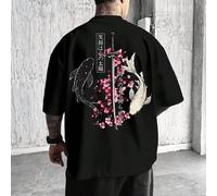 Shein Camiseta para hombre con estampado de espada samurai japonesa, pez koi y sakura, ligera, 100% poliéster, oversize, streetwear Harajuku, anime, estampa