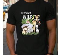 Shein Camiseta para hombre "Let's Get Wild Zoo Animals Safari Party San Valentín", 1 pieza, cuello redondo, informal, algodón puro grueso de 220 g/m²