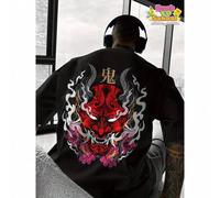 Shein Camiseta para hombres con máscara japonesa Oni - Camiseta roja y negra de 180 g/m² de alta resistencia con estampado de cara de diablo y demonio japon