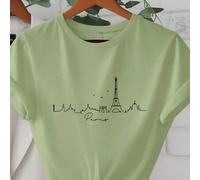 Shein Camiseta para mujer con estampe de silueta del paisaje de París, camiseta casual de manga corta y cuello redondo con estampado lineal chic de París pa