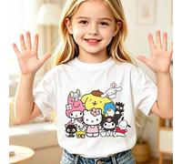 Shein Camiseta para niñas con estampado de foto grupal de personajes de Sanrio, manga corta, linda camiseta casual, tela de algodón de alta calidad, transpi