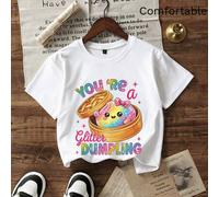 Shein Camiseta para niñas con un personaje de dumpling arcoíris con purpurina en una vaporera de bambú con estrellas brillantes y la frase juguetona "Eres u