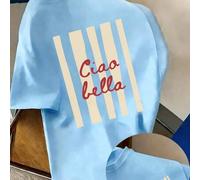 Shein Camiseta para niño preadolescente con estampado "Ciao Bella" estilo vacacional, tela suave y cómoda, adecuada para viajes y vacaciones de niños, depor