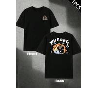 Shein Camiseta para portátil Monkey King, para hombre, con estampado a doble cara, moderna, informal, cuello redondo, 220 g/m², algodón puro (1 pieza)