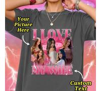 Shein Camiseta personalizada con foto, estilo rap retro de los 90, top de pareja impreso con "Amo a mi esposa". Foto y texto DIY, uso diario de moda OOTD de