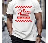 Shein Camiseta Pizza Planet, cuello redondo para hombre, 220 g/m², verano, algodón puro, manga corta (1 pieza)