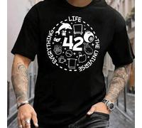 Shein Camiseta premium azul marino de cuello redondo para hombre con el exclusivo estampado circular "Life, Everything, The Universe 42". Cómoda camiseta de