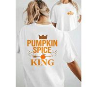 Shein Camiseta Pumpkin Spice King, para mujer, con estampado de doble cara, cuello redondo informal, algodón de 220 g/m² (1 unidad)