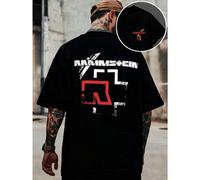 Shein Camiseta Rammstein con estampado gráfico, negra, algodón premium, cuello redondo, corte holgado, cómoda, estampado gráfico único, impresa en ambos lad