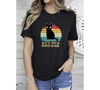 Shein Camiseta retro de 180g de algodón puro con el diseño "Aquà hay demasiada gente" de un gato aburrido e introvertido. Ligeramente elástica, unisex,